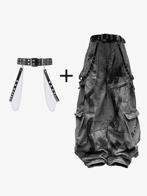 Baggy Cargo Jeans mit Spray-Paint-Optik in Grau oder Blau – Grau, mit Gürtel und Kettenset | XoKool