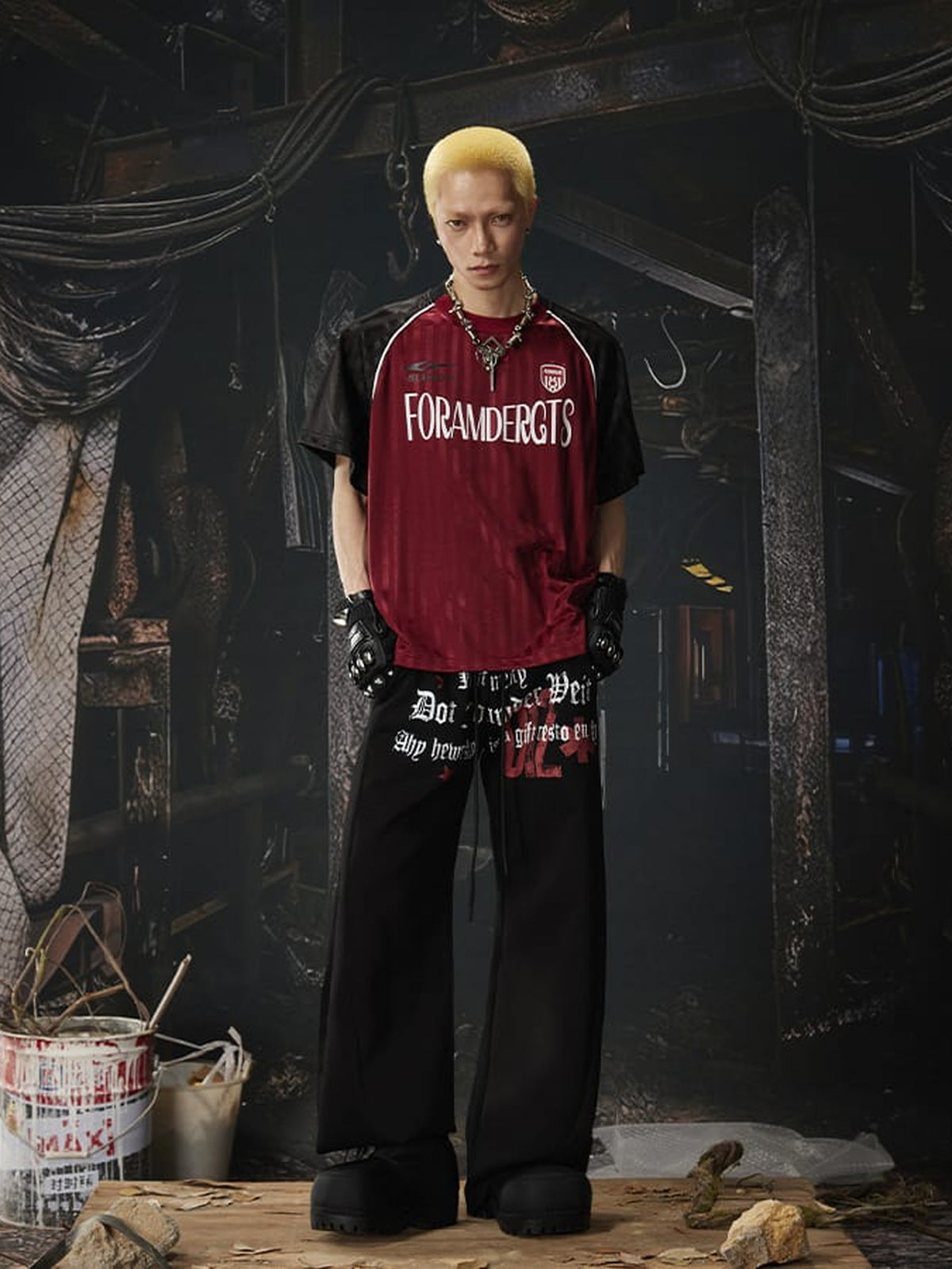 Star Print Wide Leg Graphic Sweatpants – Black, on model front with red top | XoKool