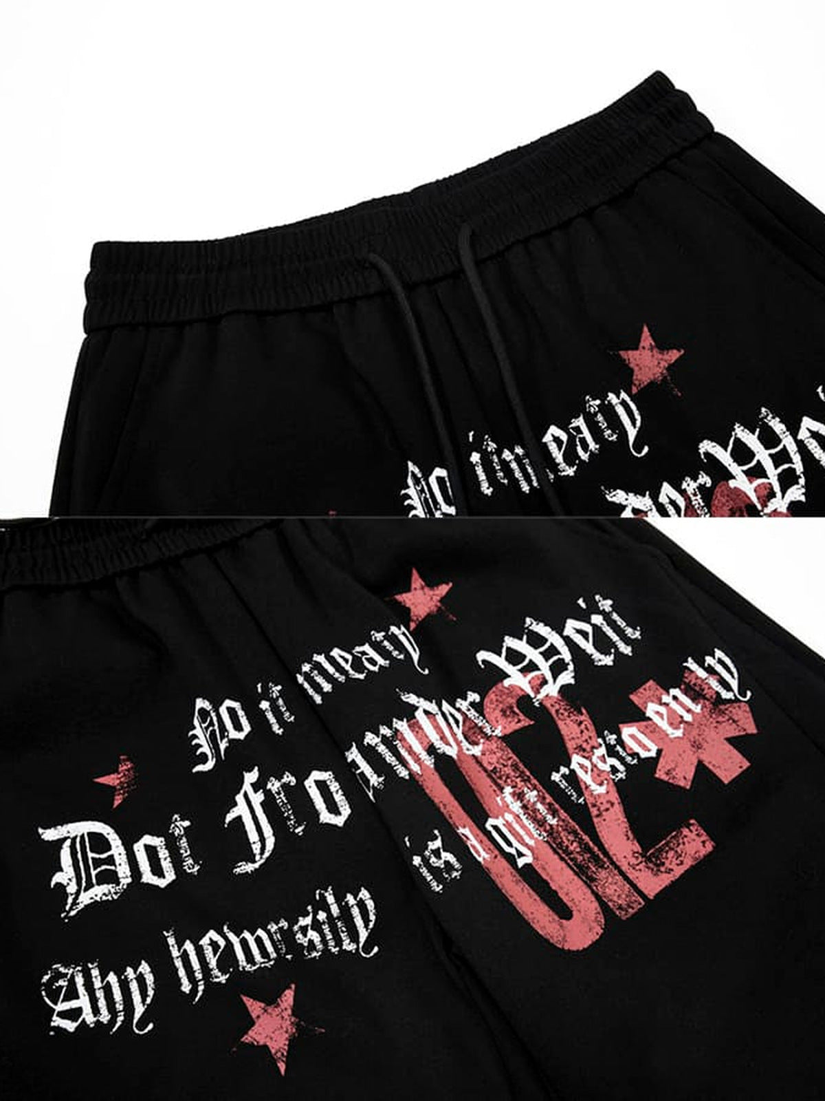 Graphic sweatpants – Black, waist and front print close-up | XoKool