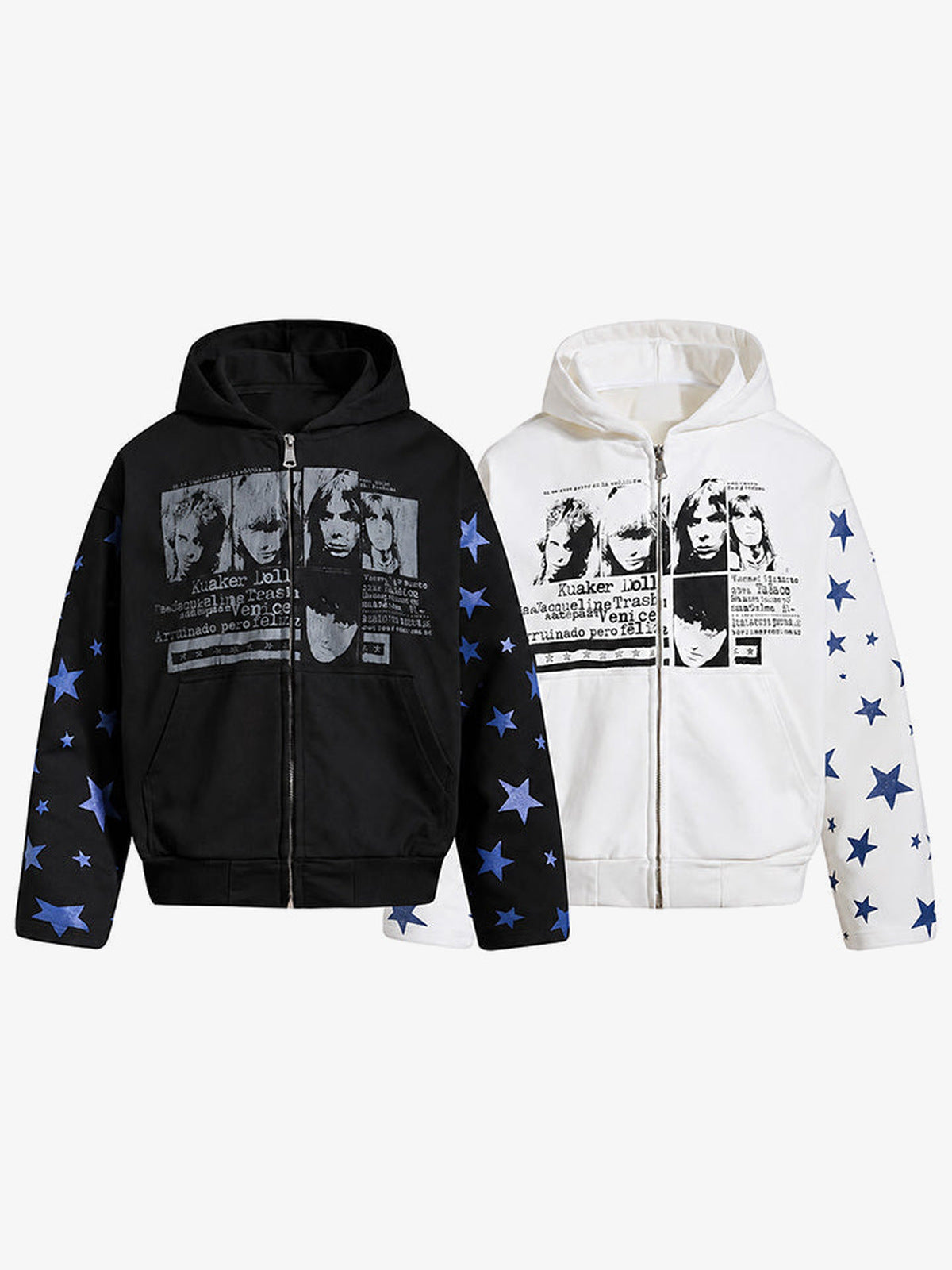 Stern Zip Hoodie – Schwarz und Weiß, zusammen flach ausgelegt | XoKool