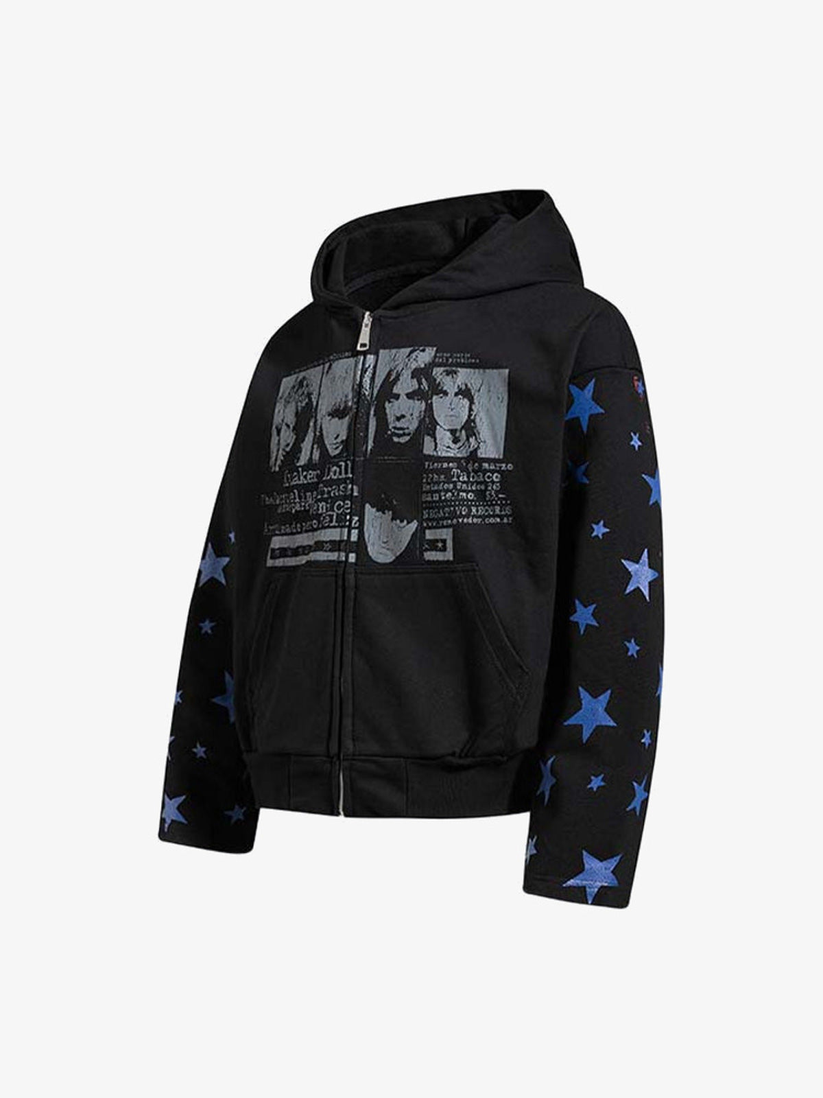 Zip Hoodie mit Stern-Ärmeln und Foto-Print – Schwarz, schräge Vorderansicht | XoKool