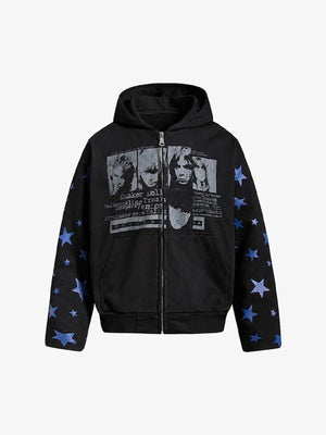 Zip Hoodie mit Stern-Ärmeln und Foto-Print – Schwarz, Vorderansicht | XoKool