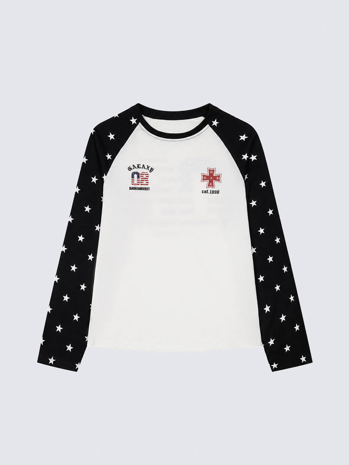 Star Sleeve Raglan Baseball Tee with Flag 08 Print – Black/White, front with small chest print | XoKool