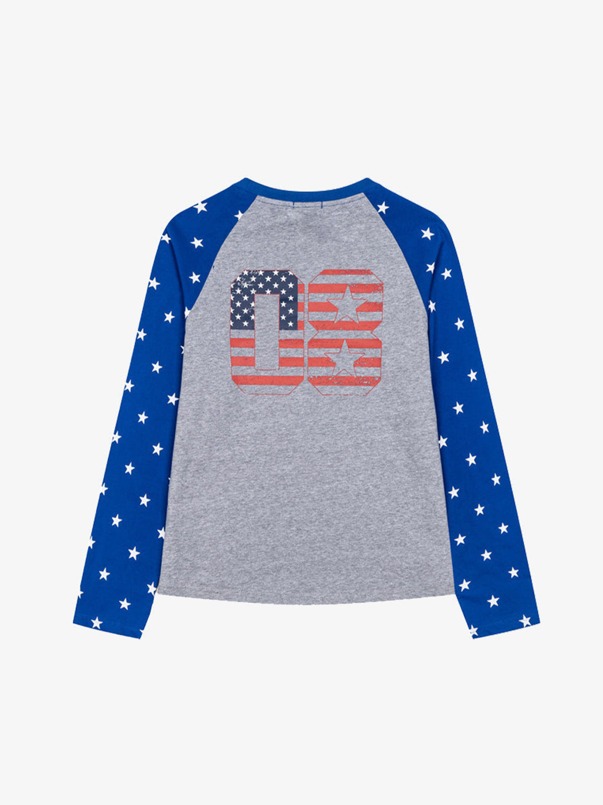 Star sleeve raglan tee – Blue/Grey, back with flag 08 print | XoKool