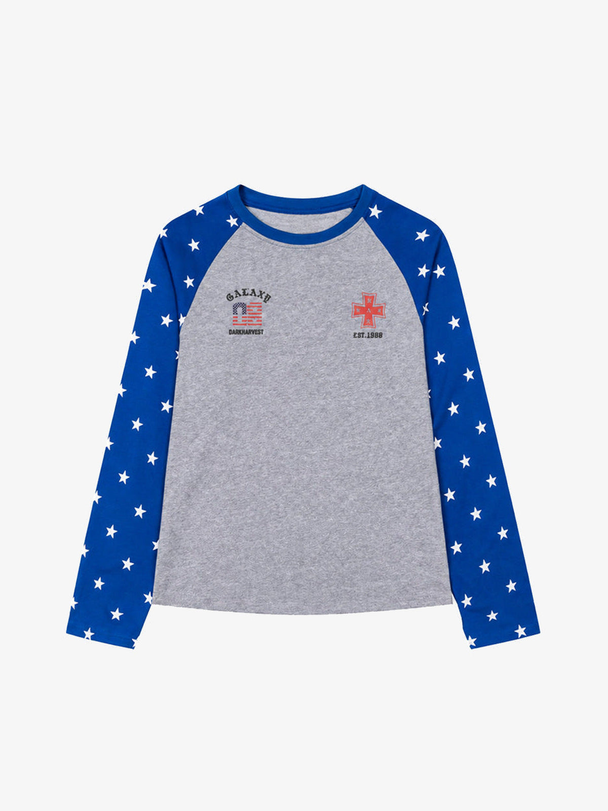 Star sleeve raglan tee – Blue/Grey, front | XoKool