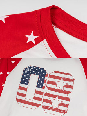 Star sleeve raglan tee – neck rib and flag 08 print close-up | XoKool