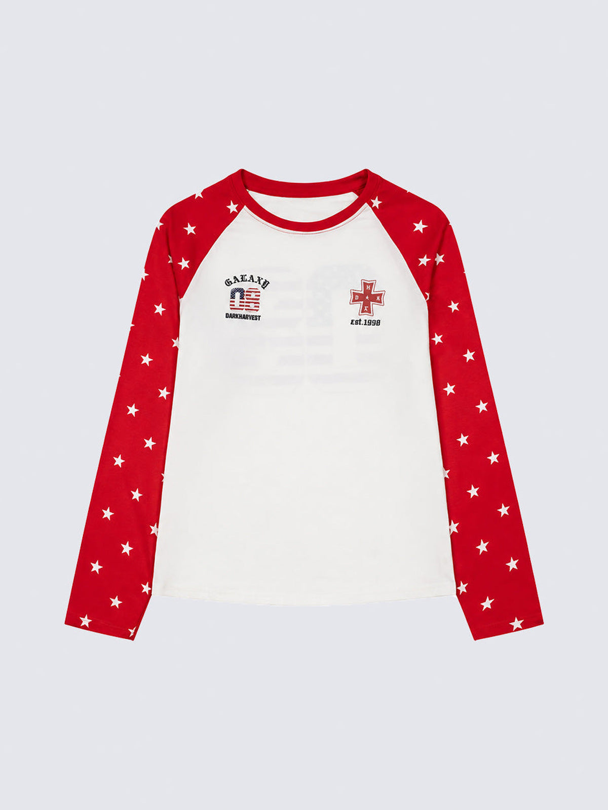 Star Sleeve Raglan Baseball Tee with Flag 08 Print – Red/White, front | XoKool
