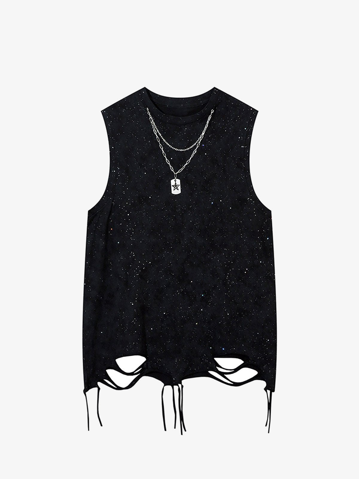 Ripped Tanktop mit Sternen-Sprenkeln und Doppelkette – Schwarz, Vorderansicht mit Kette | XoKool