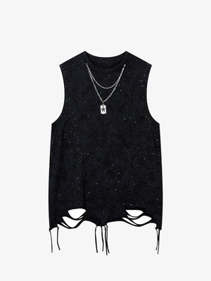 Ripped Tanktop mit Sternen-Sprenkeln und Doppelkette – Schwarz, Vorderansicht mit Kette | XoKool