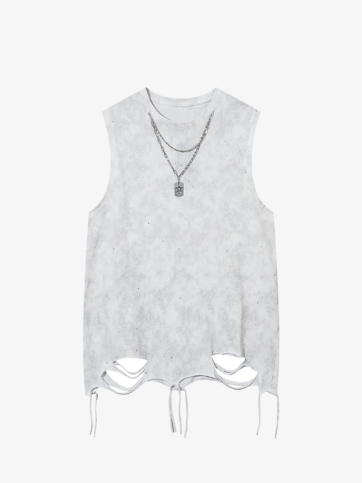 Ripped Tanktop mit Sternen-Sprenkeln und Doppelkette – Hellgrau, Vorderansicht mit Kette | XoKool