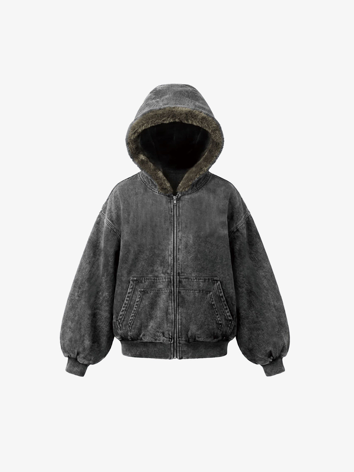 Zip Hoodie in Stone Wash mit Fellbesatz – Vorderseite flach | XoKool
