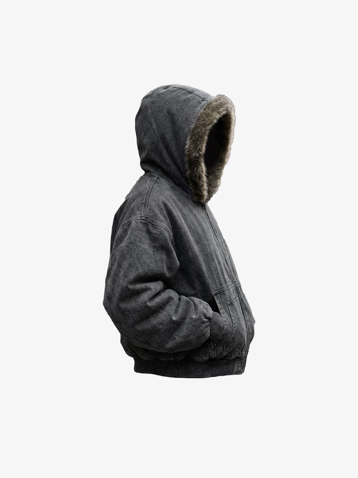 Stone Wash Fur Trim Zip Up Hoodie – side flat | XoKool