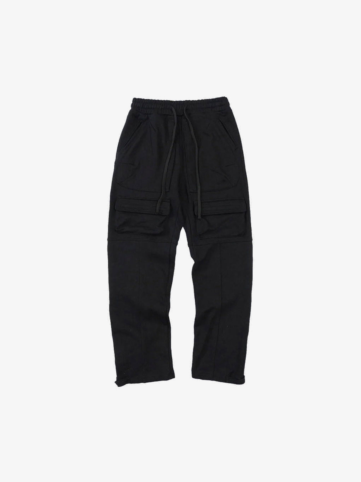 Straight Leg Drawstring Cargo Sweatpants – Black, front flat | XoKool