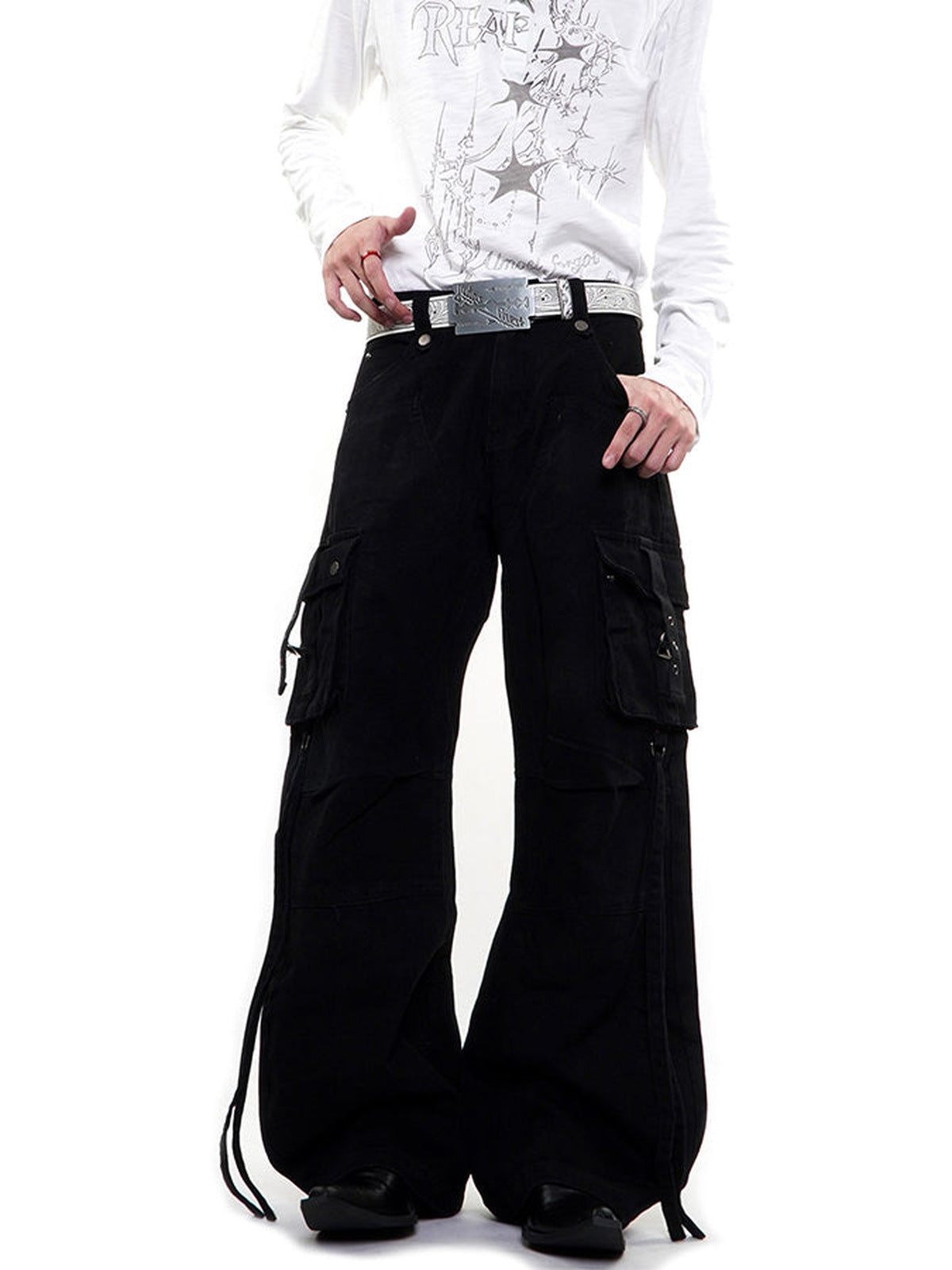 Strap Cargo Pants with Buckle Flap Pockets – Black, on model front | XoKool