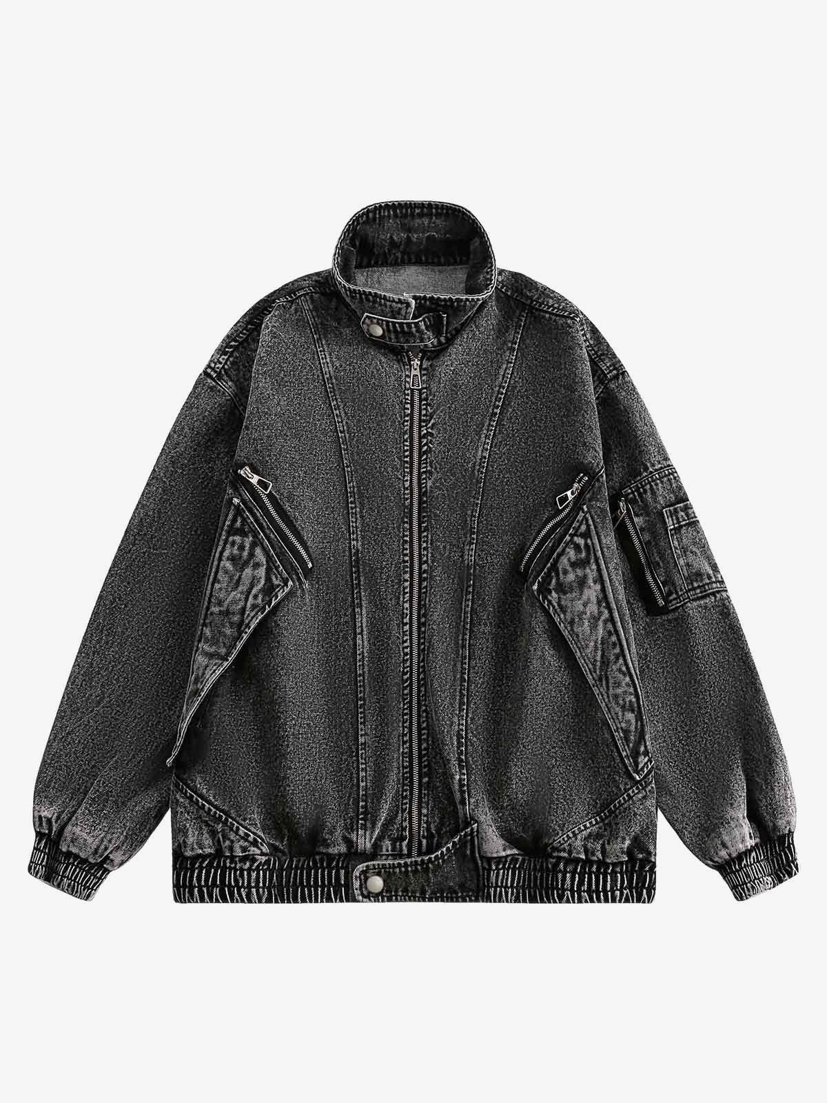 Washed Black Jeansjacke mit Reißverschluss und Stehkragen – Washed Schwarz, Vorderansicht, Stehkragen | XoKool