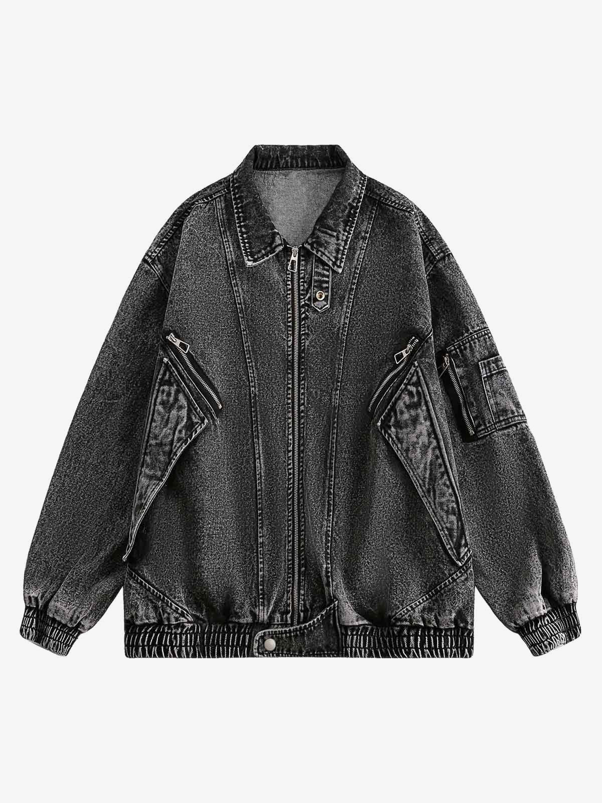 Washed Black Jeansjacke mit Reißverschluss und Stehkragen – Vorderansicht, offener Kragen | XoKool