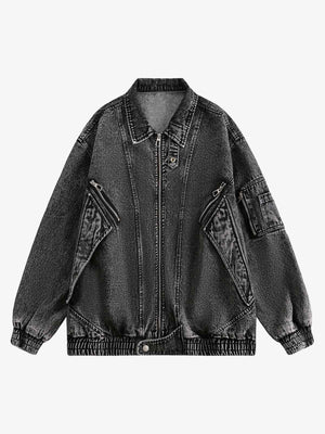Washed Black Jeansjacke mit Reißverschluss und Stehkragen – Vorderansicht, offener Kragen | XoKool