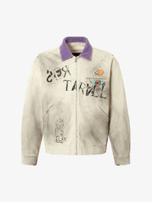 Cremefarbene Detroit Jacke mit lila Cord-Kragen – Creme, Vorderansicht | XoKool