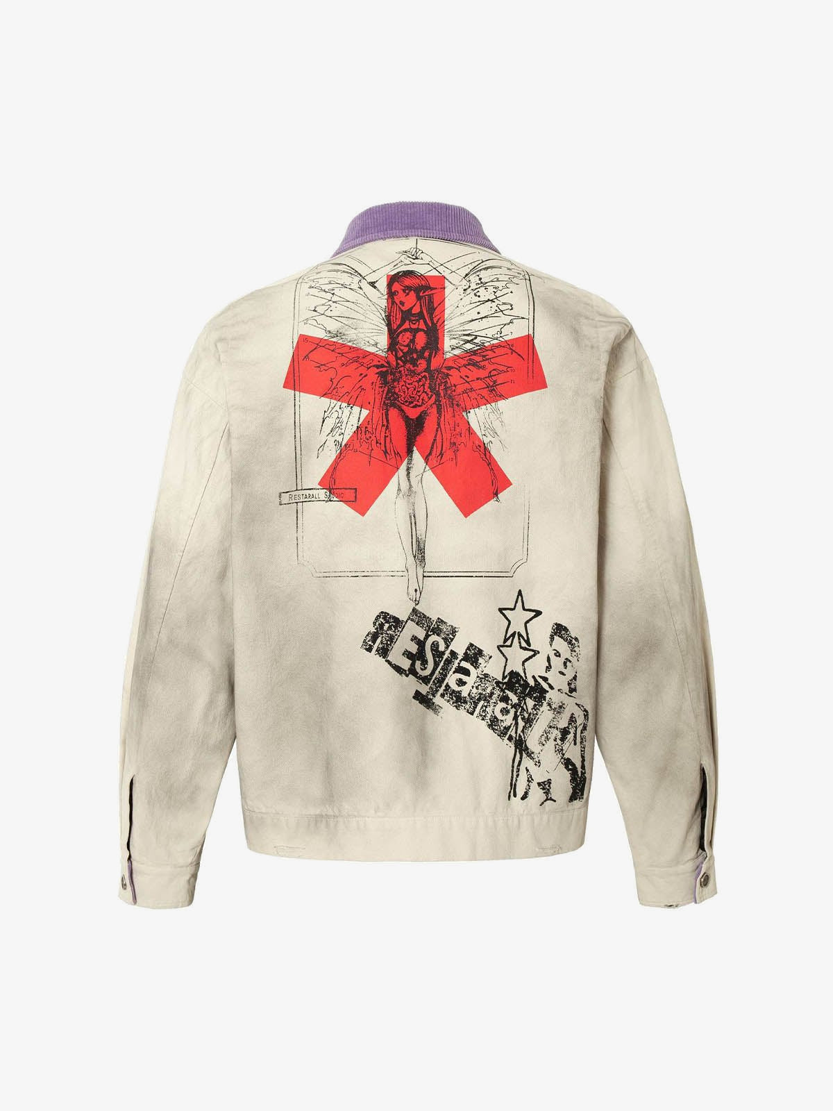 Cremefarbene Detroit Jacke mit lila Cord-Kragen – Rückansicht | XoKool
