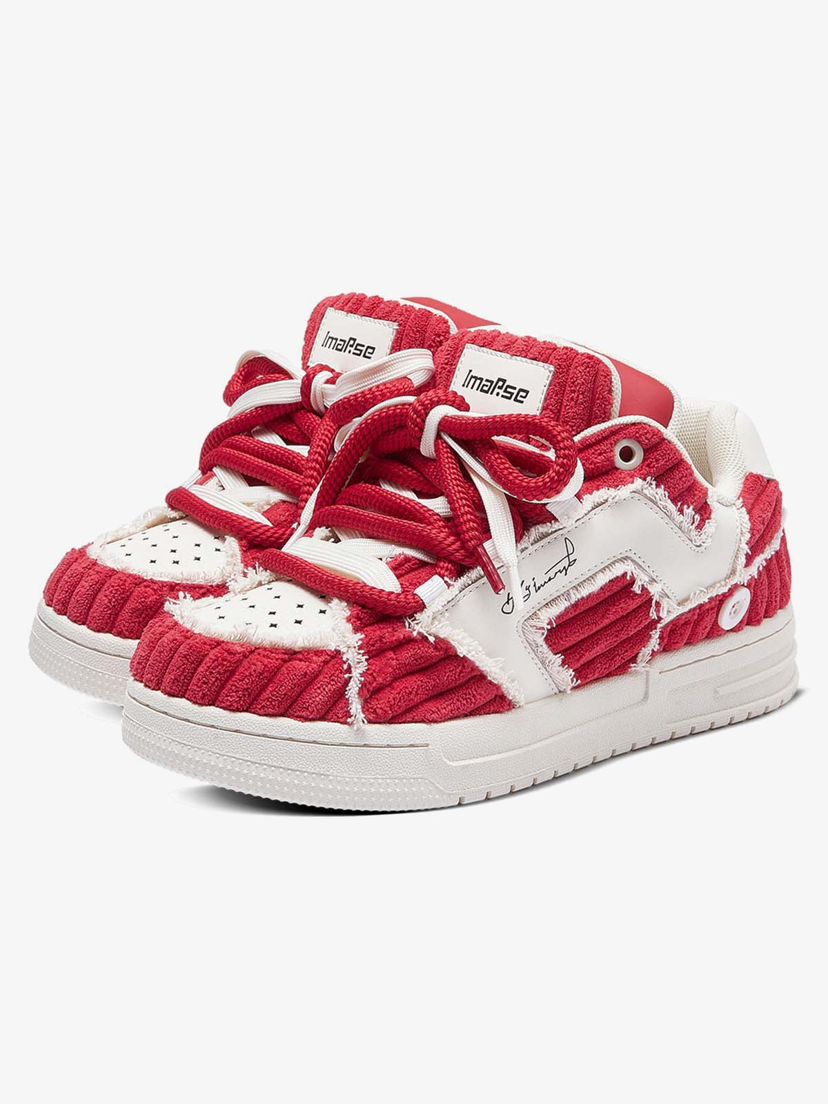 Red and White Corduroy Skate Sneakers with Fat Laces – pair, 3/4 | XoKool