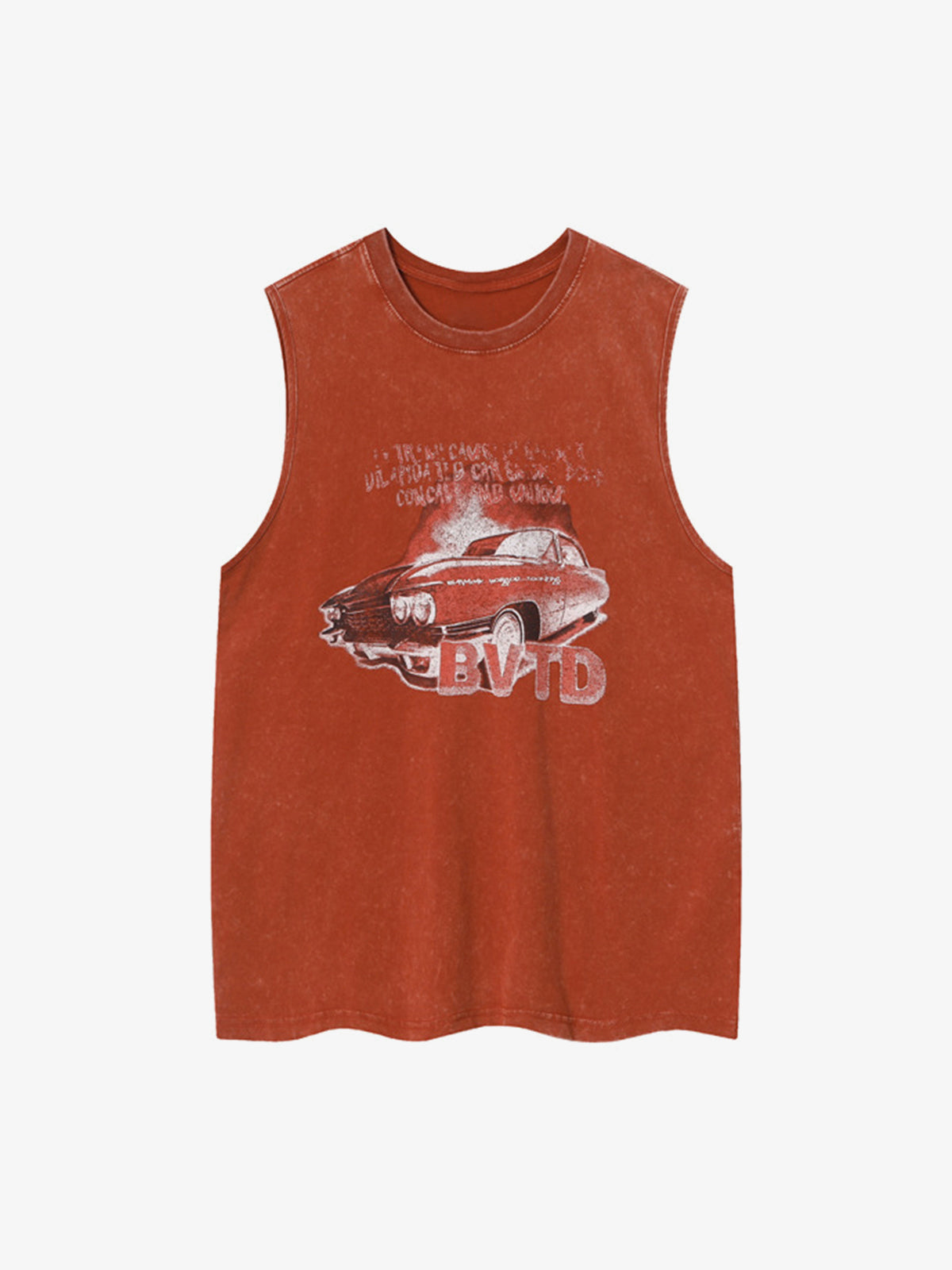Washed Tanktop mit Vintage-Auto-Print – Rostorange, Vorderansicht flach | XoKool