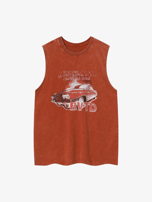 Washed Tanktop mit Vintage-Auto-Print – Rostorange, Vorderansicht flach | XoKool