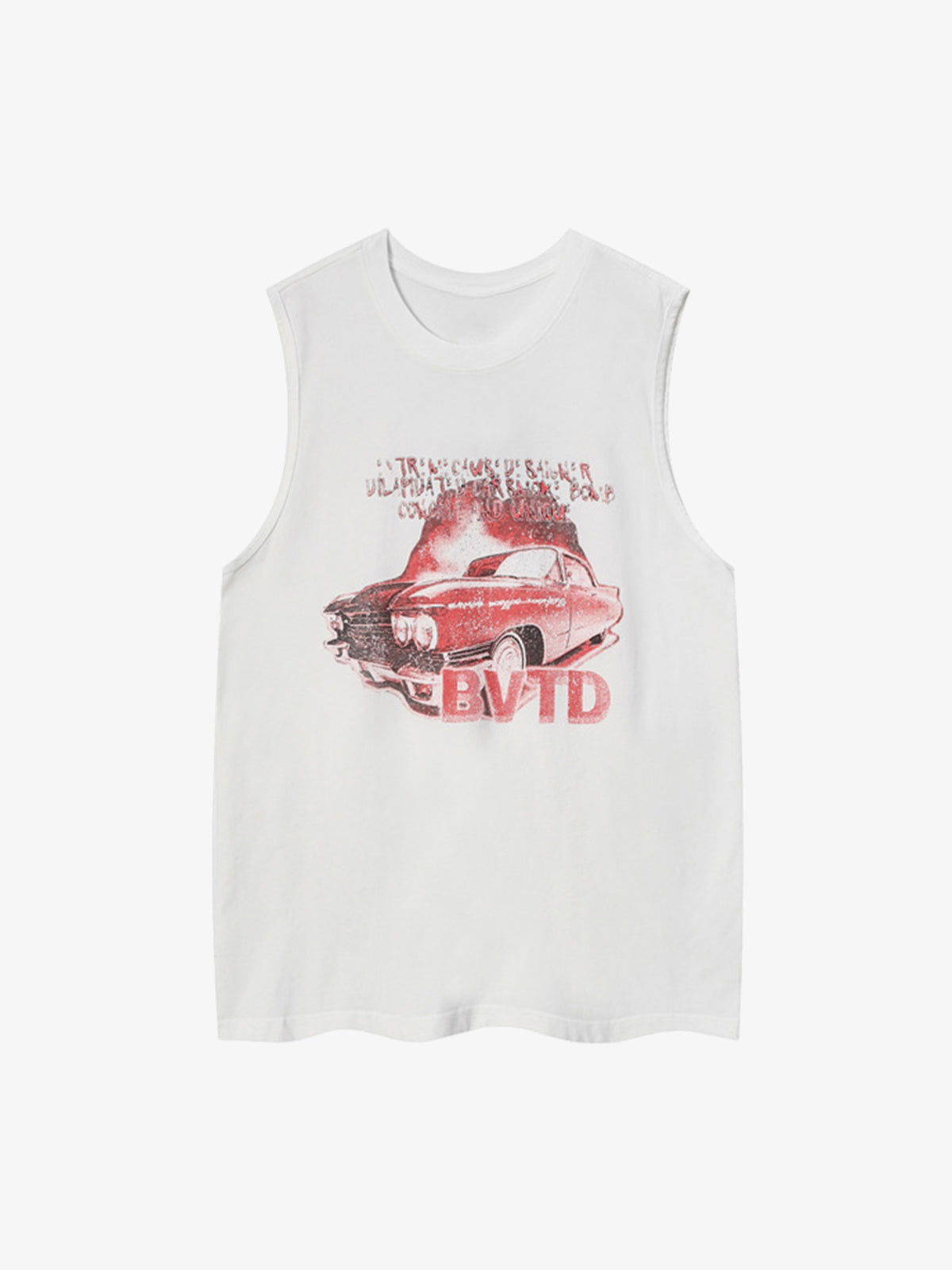 Washed Tanktop mit Vintage-Auto-Print – Weiß, Vorderansicht flach | XoKool