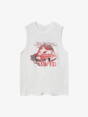Washed Tanktop mit Vintage-Auto-Print – Weiß, Vorderansicht flach | XoKool