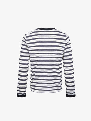 Gestreiftes Henley Longsleeve – Weiß / Marineblau gestreift, Rückansicht | XoKool