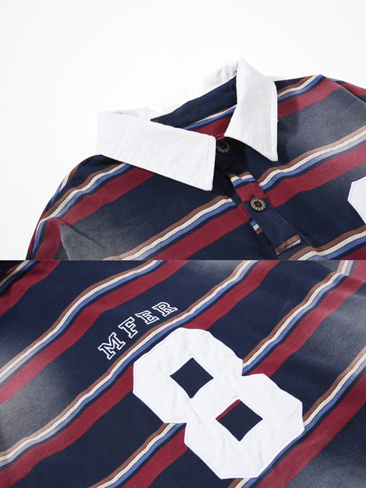 Striped Rugby Shirt with Layered White Sleeves – collar and back number close-up | XoKool