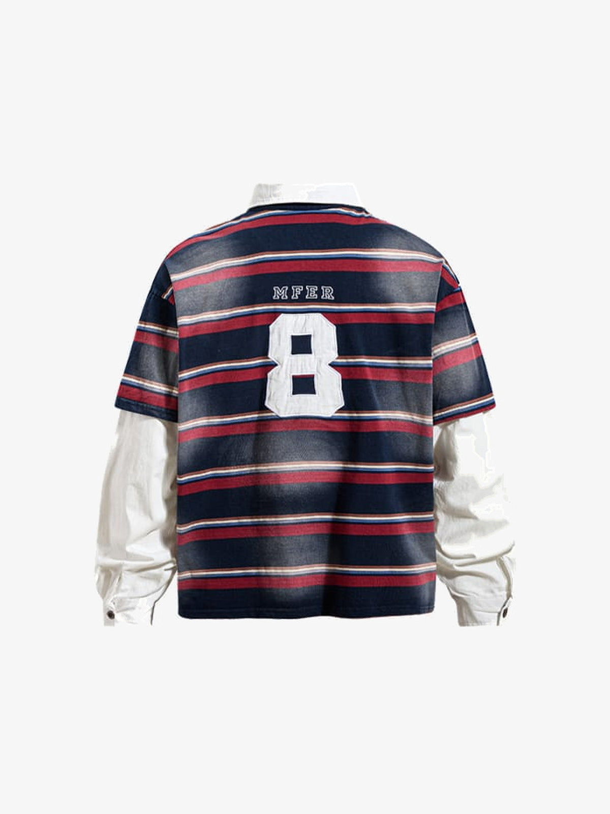 Striped Rugby Shirt with Layered White Sleeves – Navy Red Stripe, back (render) | XoKool