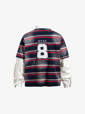 Striped Rugby Shirt with Layered White Sleeves – Navy Red Stripe, back (render) | XoKool