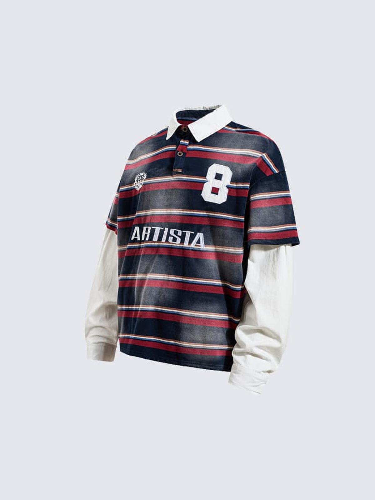 Camiseta rugby de rayas con mangas blancas superpuestas – azul marino con rayas rojas, frente en ángulo (render) | XoKool