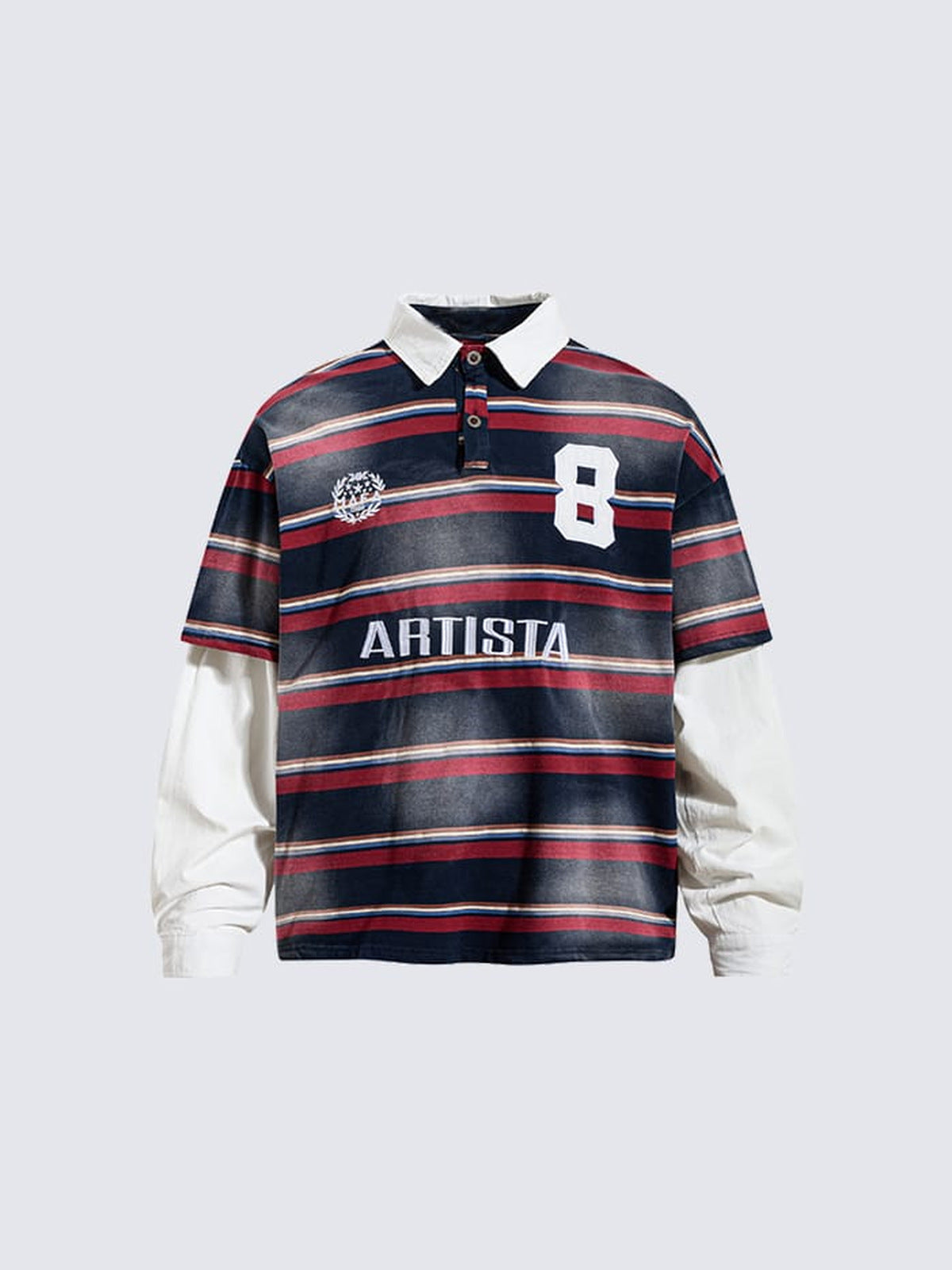 Camiseta rugby de rayas con mangas blancas superpuestas – azul marino con rayas rojas, frente (render) | XoKool