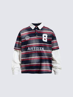 Striped Rugby Shirt with Layered White Sleeves – Navy Red Stripe, front (render) | XoKool