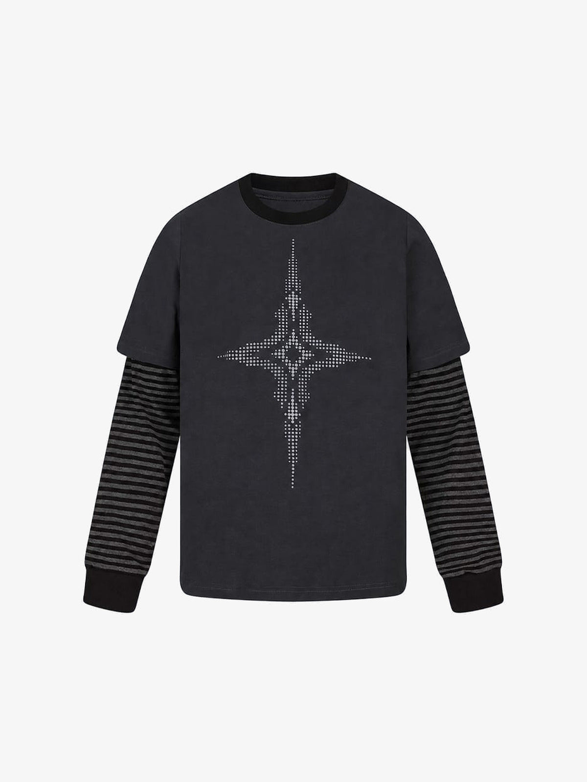 Layered T-Shirt mit gestreiften Ärmeln und Gothic-Stern-Print – Schwarz, Vorderansicht | XoKool