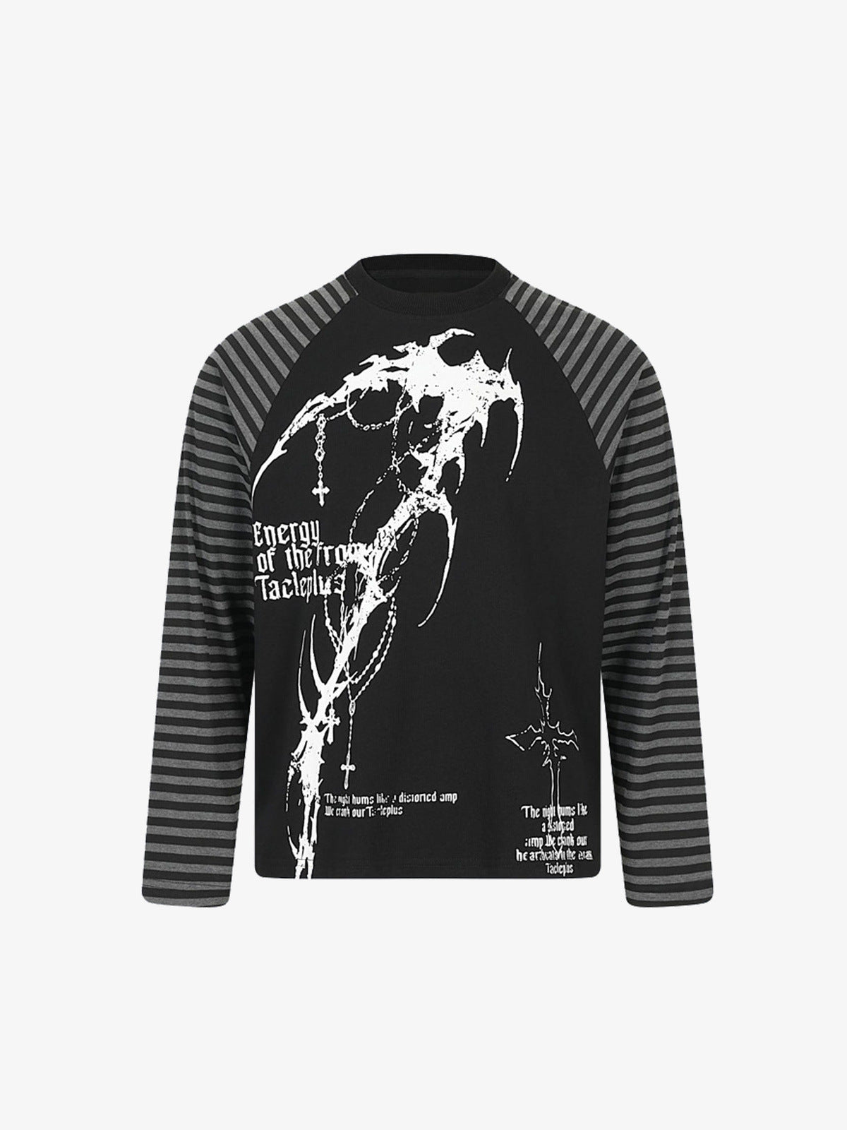 T-Shirt mit gestreiften Ärmeln und Gothic-Kreuz-Print – Schwarz, Vorderansicht | XoKool