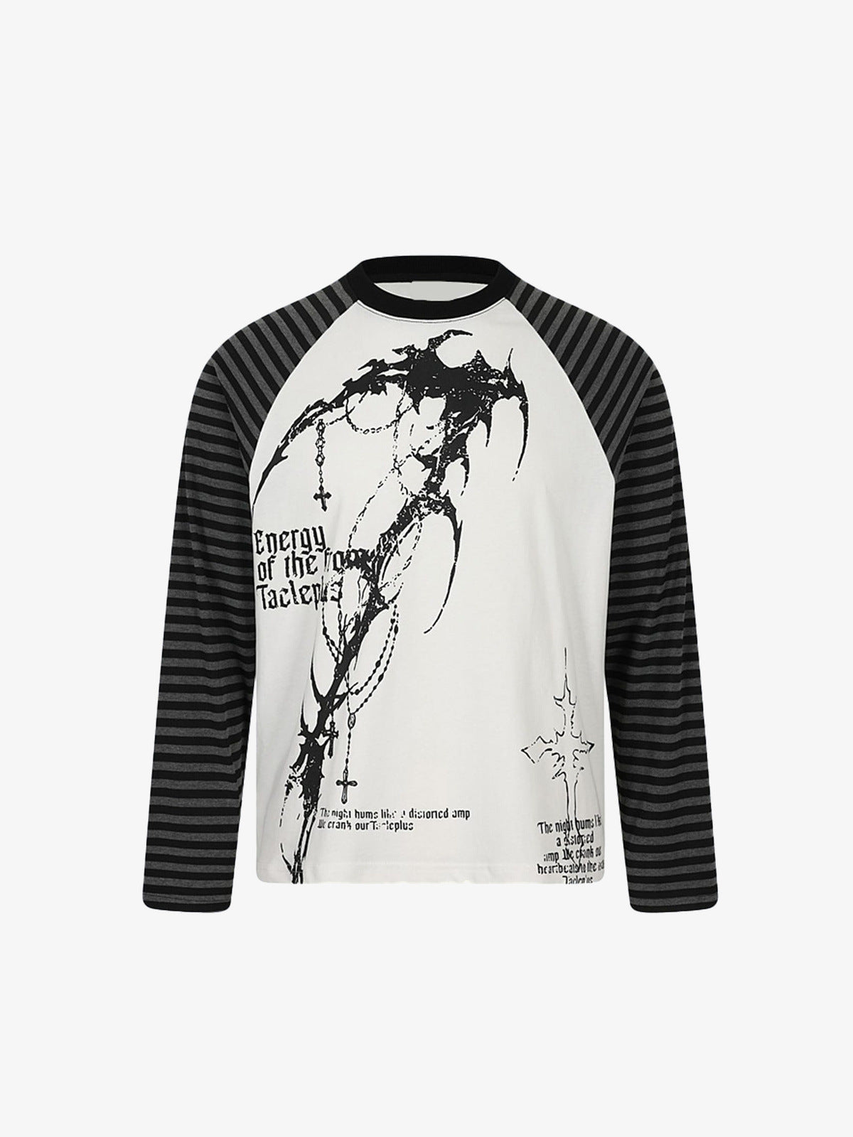 T-Shirt mit gestreiften Ärmeln und Gothic-Kreuz-Print – Weiß, Vorderansicht | XoKool