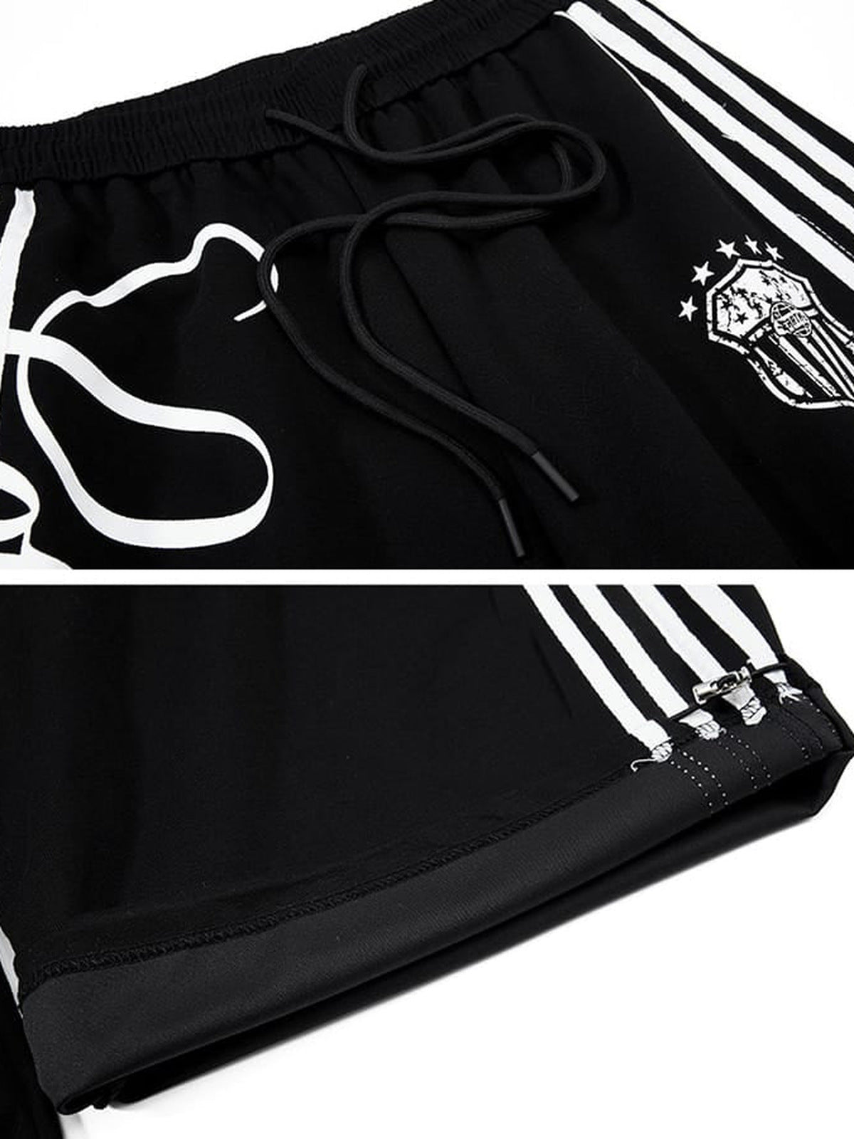 Gestreifte Jogginghose – Schwarz, Nahaufnahme Badge und Saum | XoKool