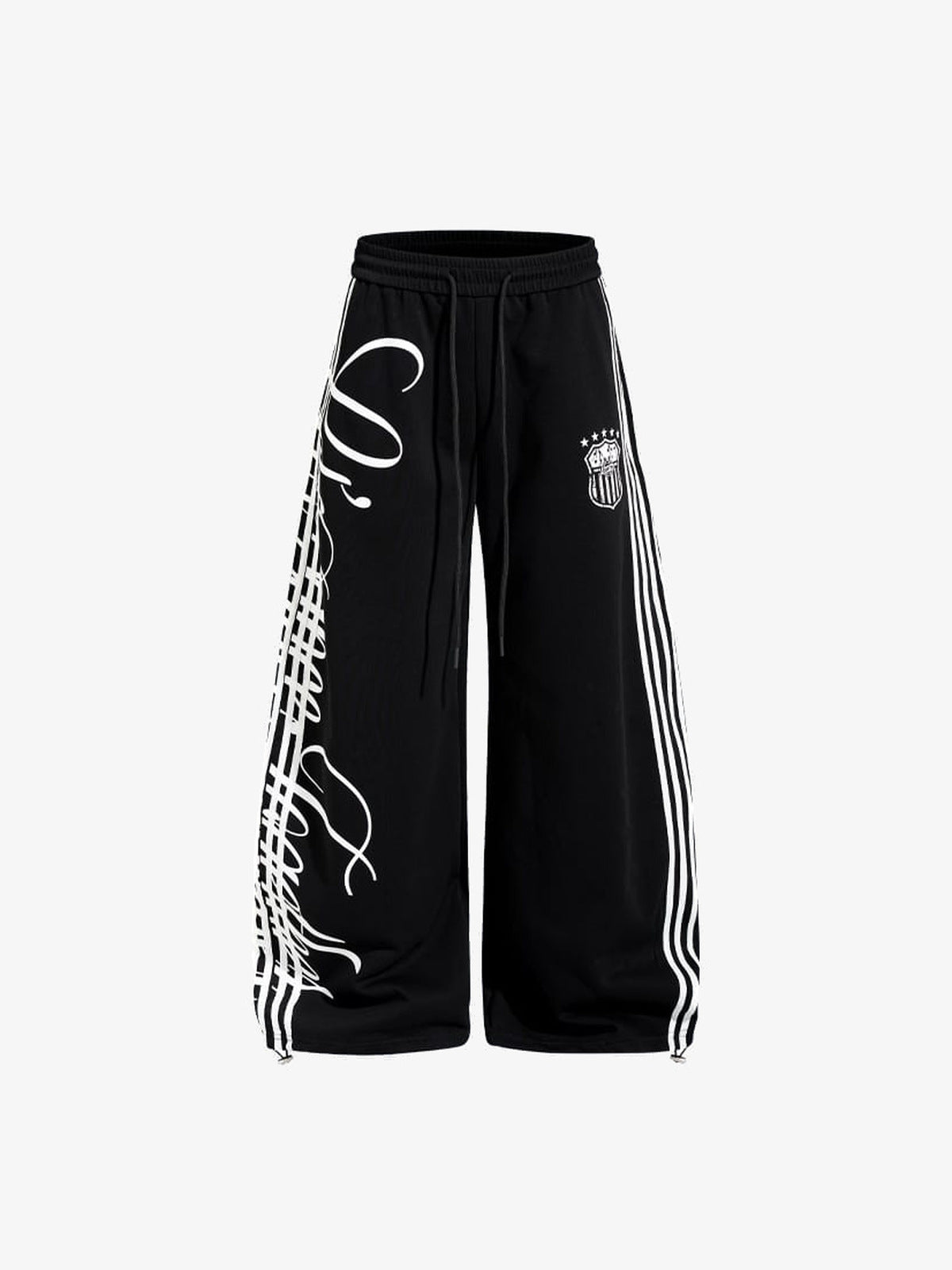 Gestreifte Wide Leg Jogginghose mit Schriftzug-Print – Schwarz, Vorderansicht | XoKool
