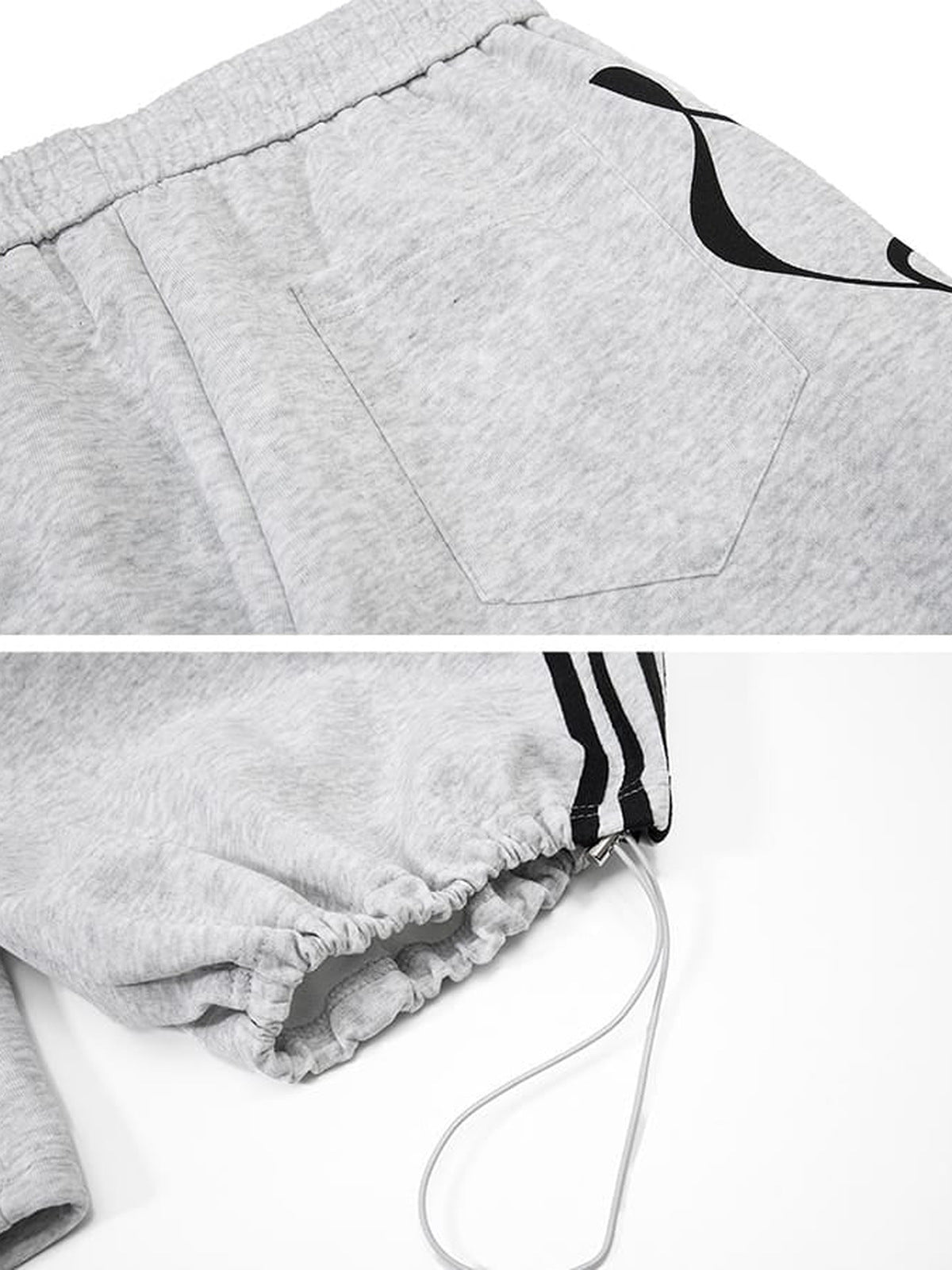 Gestreifte Jogginghose – Grau, Nahaufnahme Tasche und Saum-Kordel | XoKool