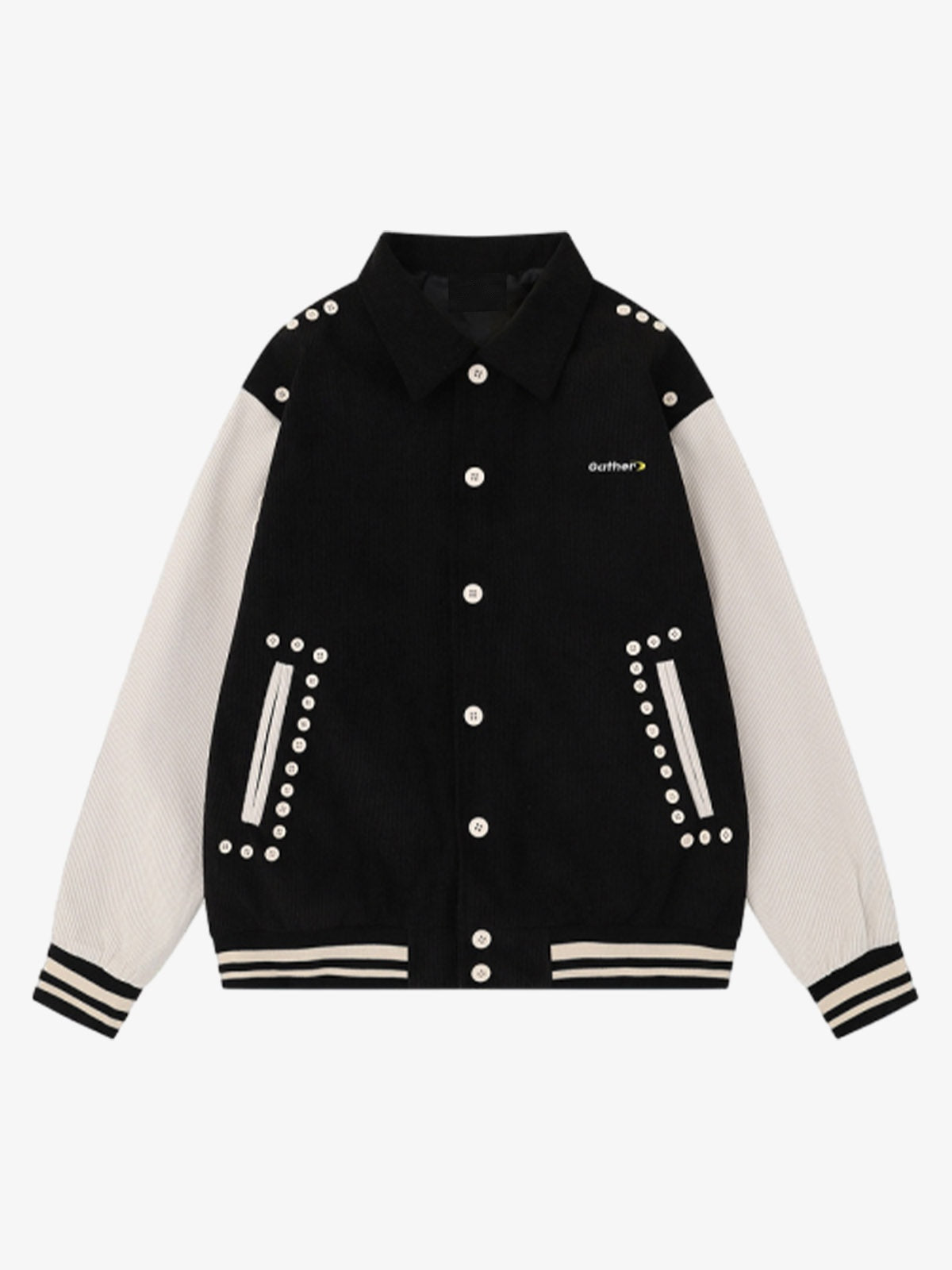 Studded Corduroy Varsity Jacket – Black, front view | XoKool