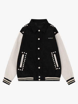 Studded Corduroy Varsity Jacket – Black, front view | XoKool