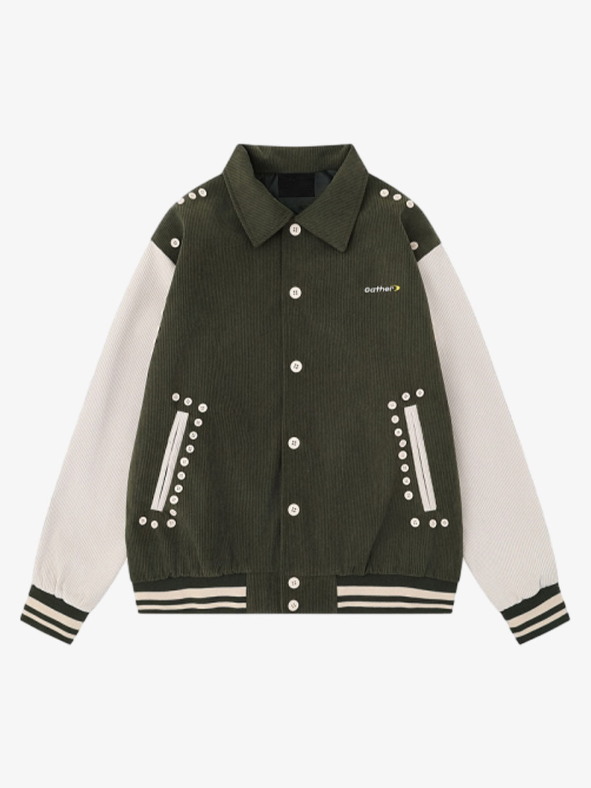 Studded Corduroy Varsity Jacket – Olive, front view | XoKool
