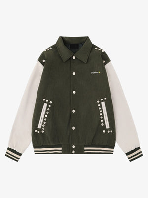 Studded Corduroy Varsity Jacket – Olive, front view | XoKool