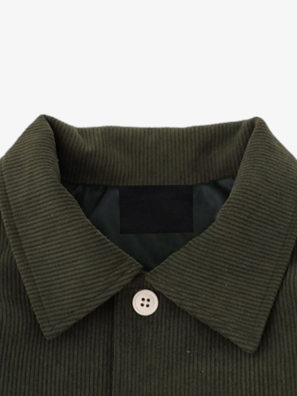 Studded Corduroy Varsity Jacket – Olive, collar close-up | XoKool