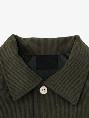 Studded Corduroy Varsity Jacket – Olive, collar close-up | XoKool