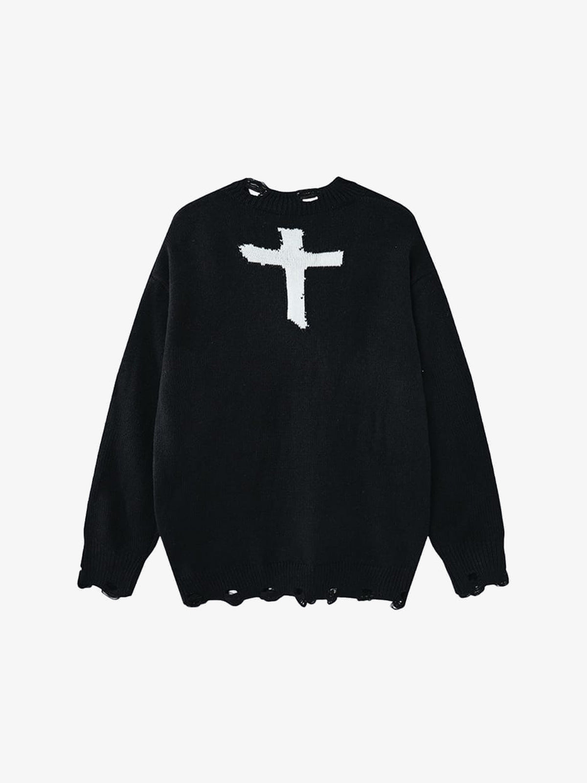 Suéter de punto desgastado con crucifijo y tachuelas – negro, vista trasera | XoKool