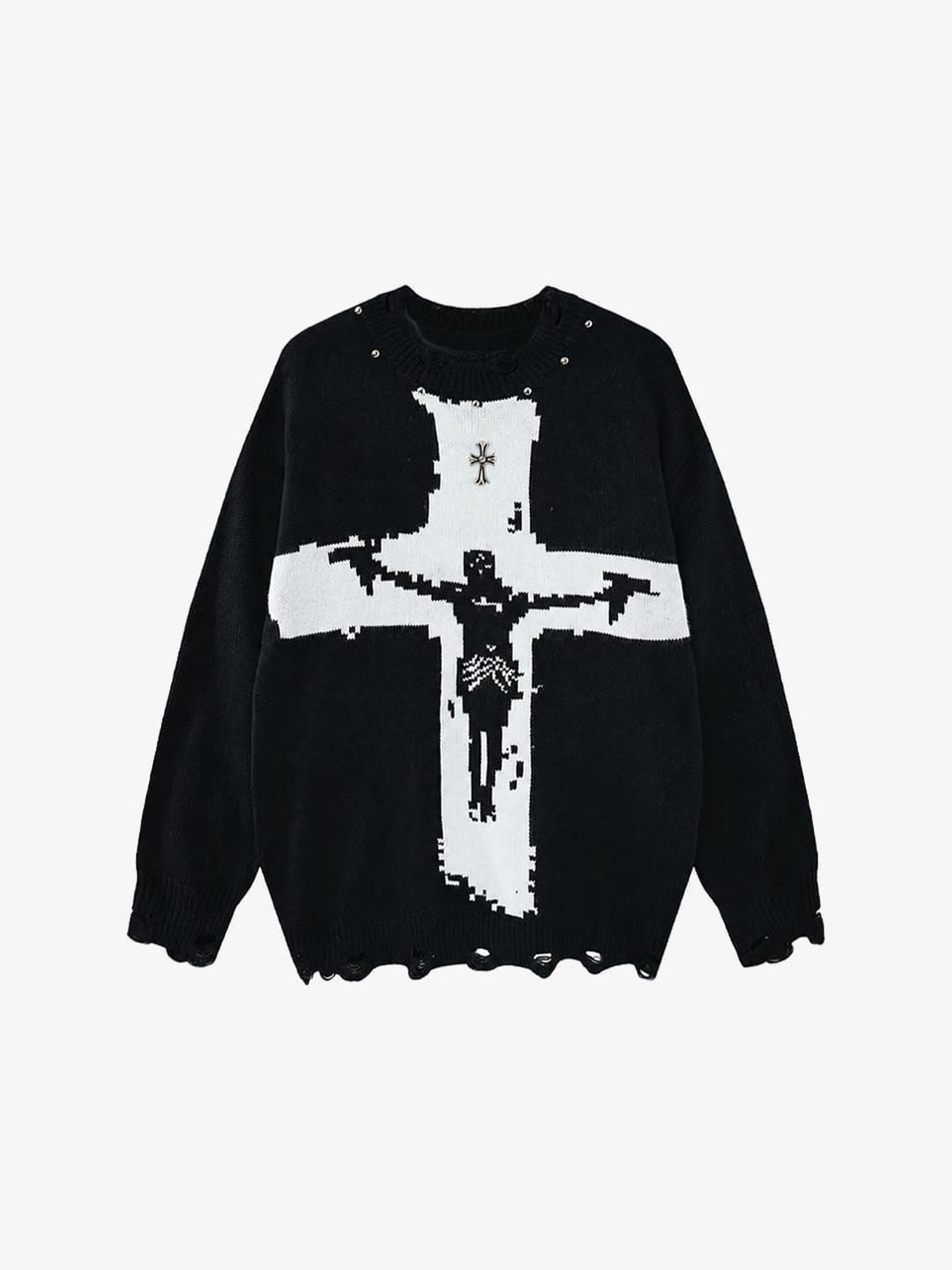 Studded Crucifix Distressed Strickpullover – Schwarz, Vorderansicht | XoKool