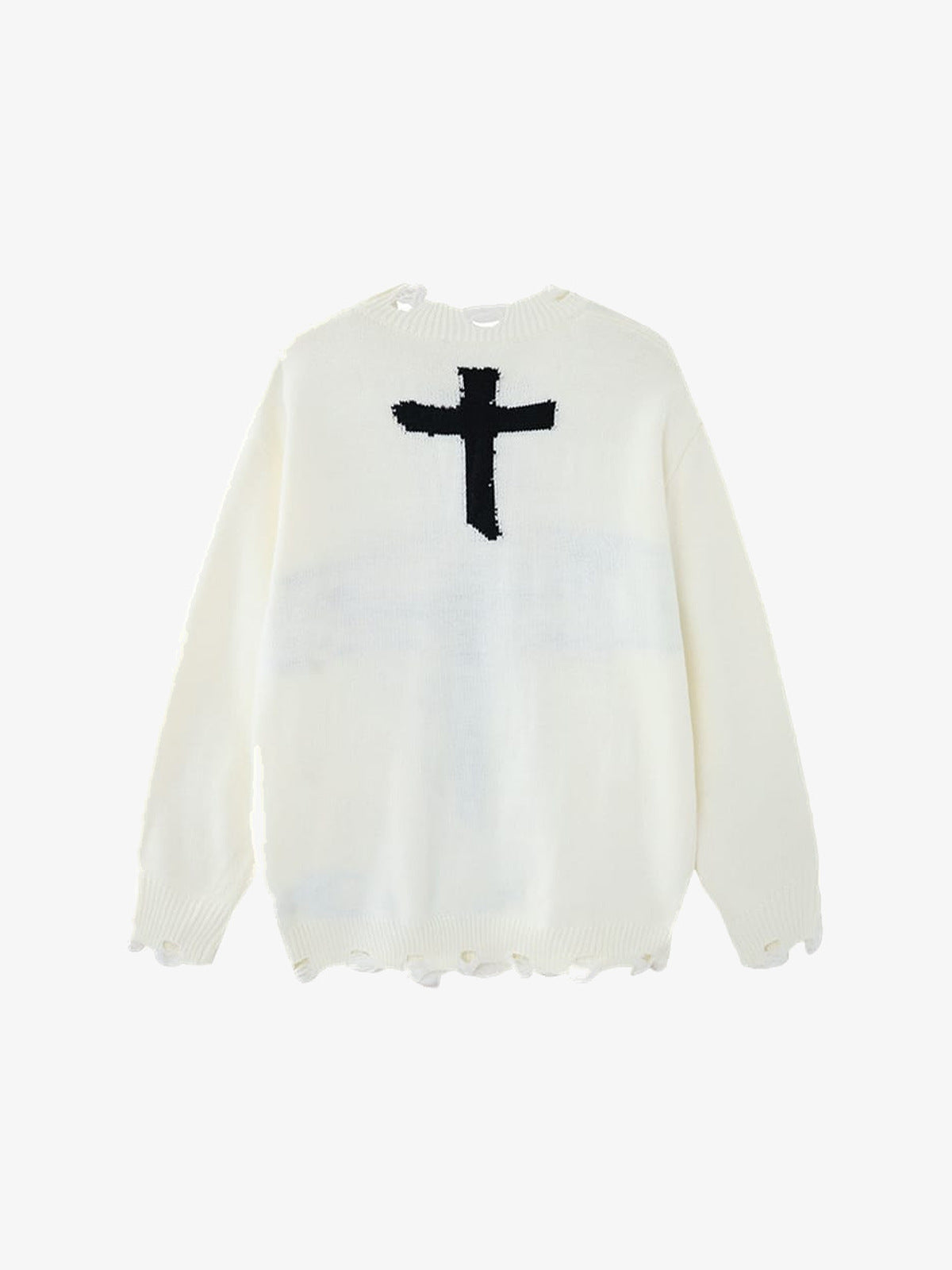 Suéter de punto desgastado con crucifijo y tachuelas – blanco roto, vista trasera | XoKool